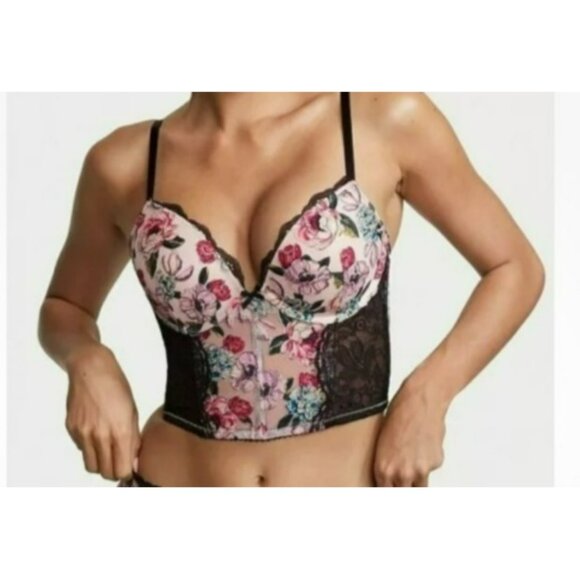 Victoria's Secret Very Sexy Push-Up 36DD Pink Floral Black Lace Corset Bustier - Picture 2 of 9